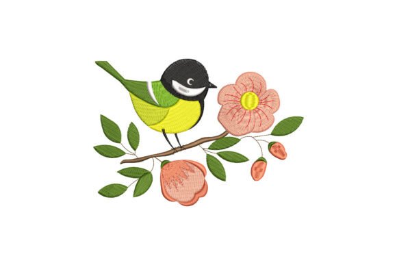 Bird Sitting Flowers: A Charming Embroidery Design