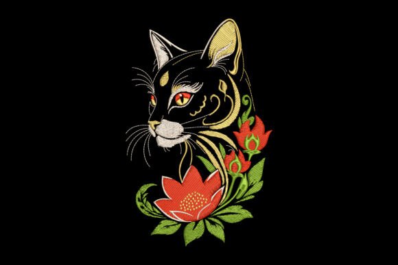 Charming Cat with Red Flowers Embroidery