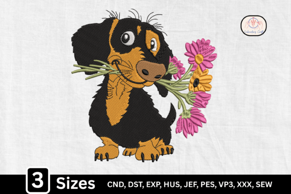 Charming Puppy with Flowers for Holiday Embroidery