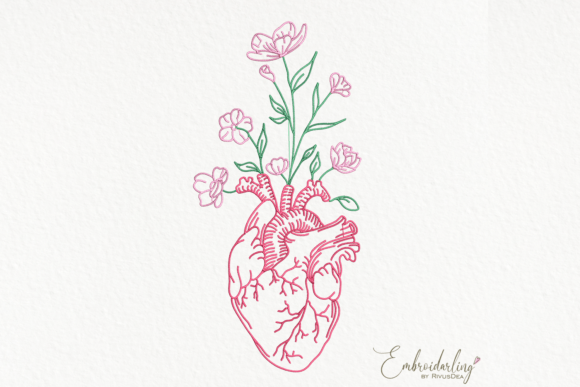 Realistic Human Heart with Flowers Embroidery