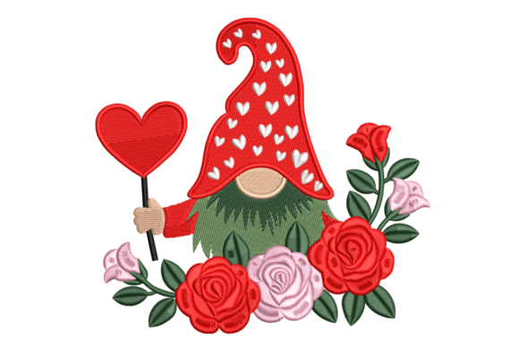 Valentine Gnome with Roses: A Charming Embroidery Design